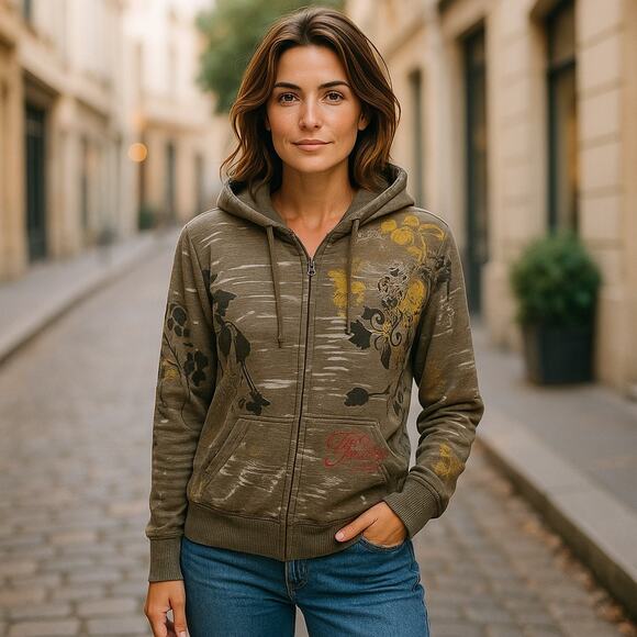 Billabong Womens Hoodie Size Large Olive Green Asian Inspired Black Gold Red - Picture 2 of 10